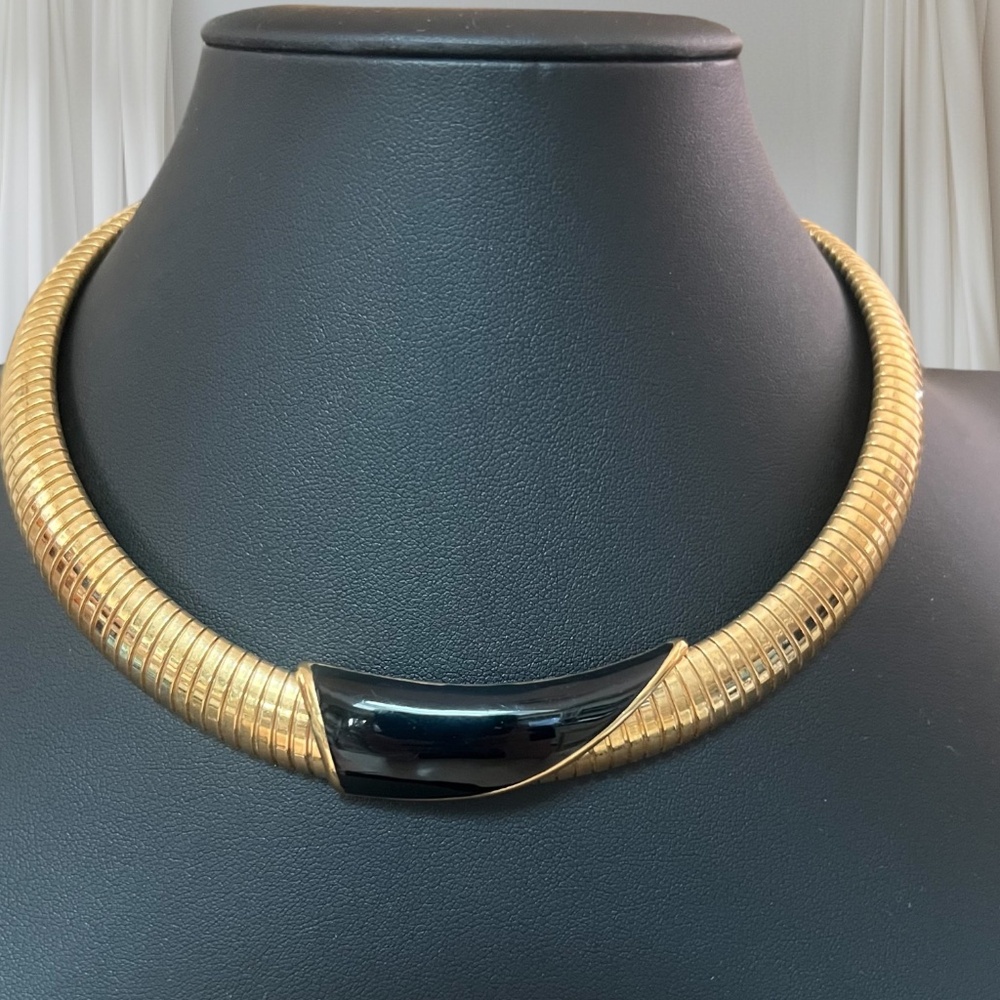 Vintage Monet Gold Tone and Black Enamel Omega Choker 16"